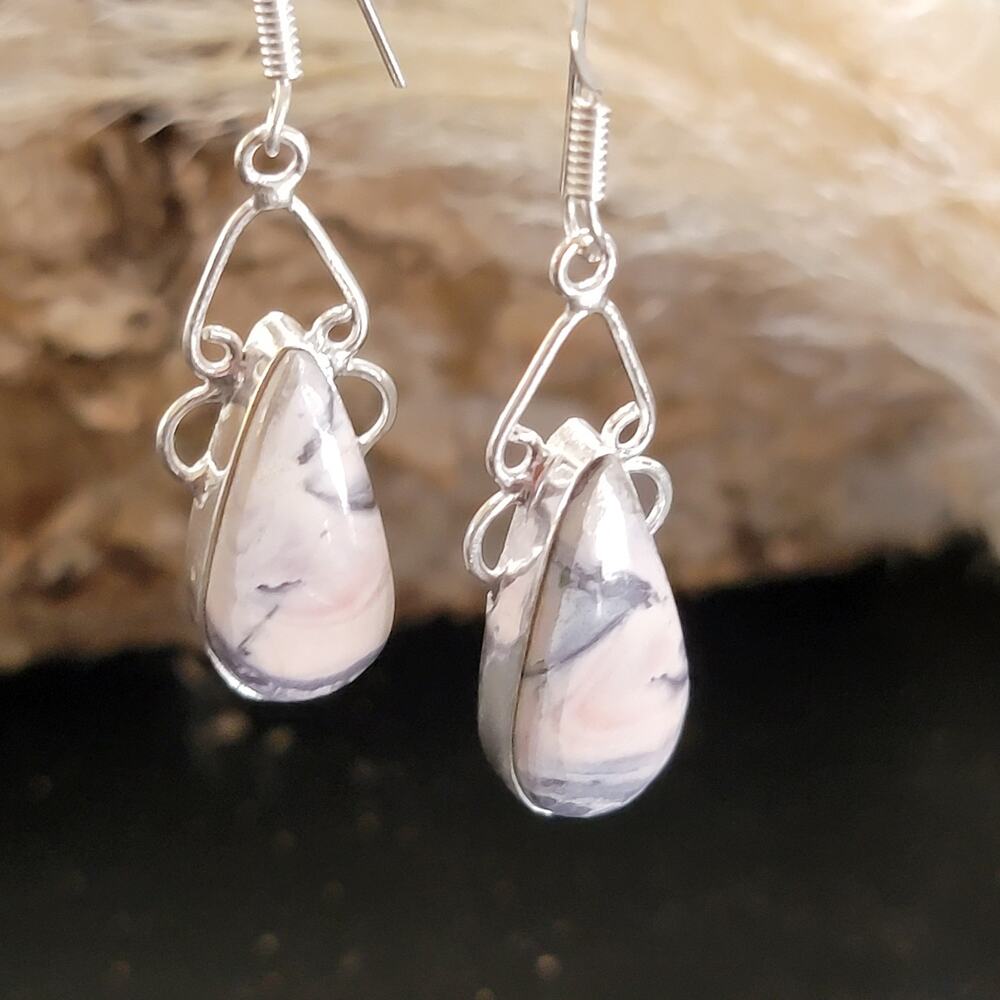 Sterling Silver Marble Teardrop Dangle Earrings Handmade 1.44 Inch Stone Drops - Picture 8 of 9